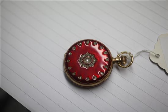 A continental 18ct gold red enamel and rose cut diamond set keyless dress fob watch,